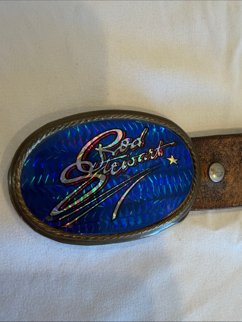 Leather Unisex Rod Stewart Belt with Blue Decorative Buckle